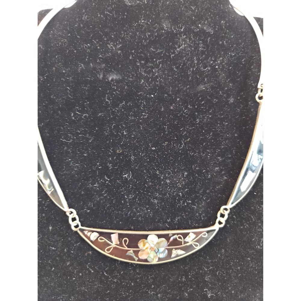 Vintage Alpaca Mexico Abalone Mother Of Pearl Floral Inlay Choker Necklace